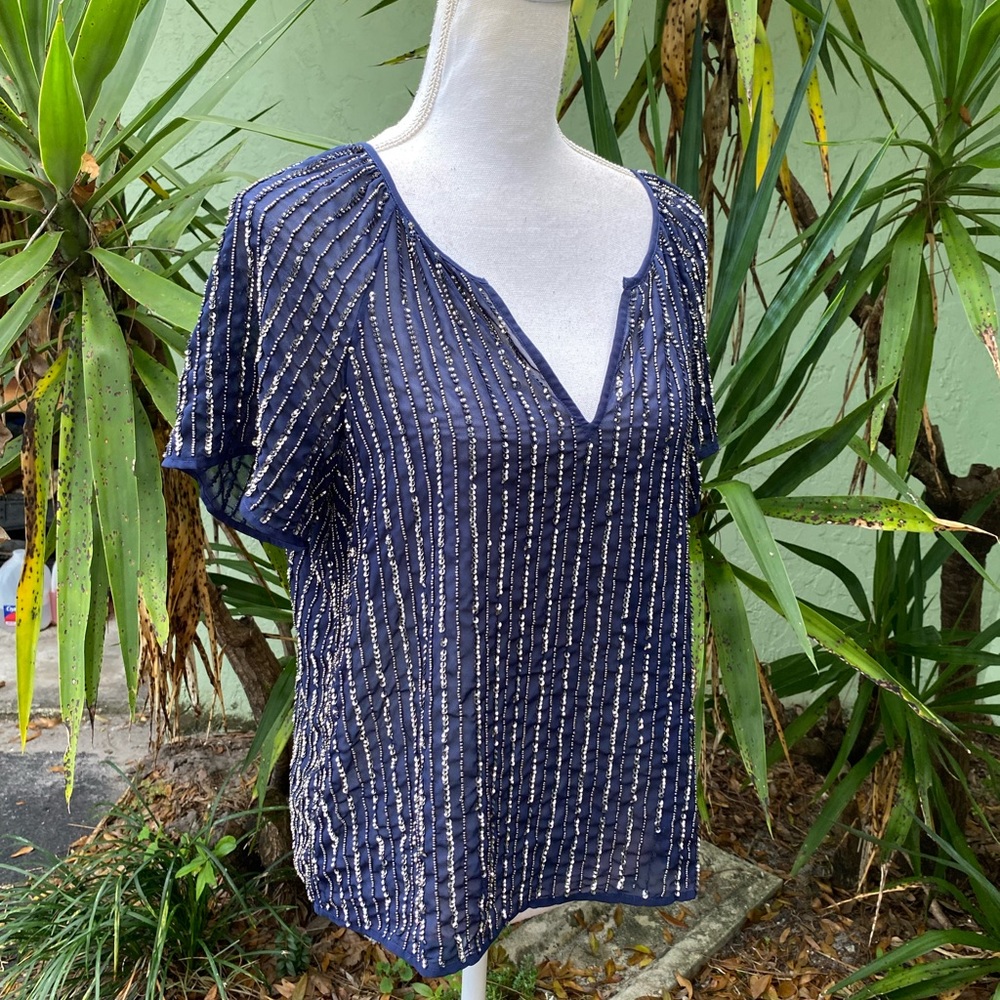Velvet by Graham and Spencer Sequin Navy V neck Blouse
